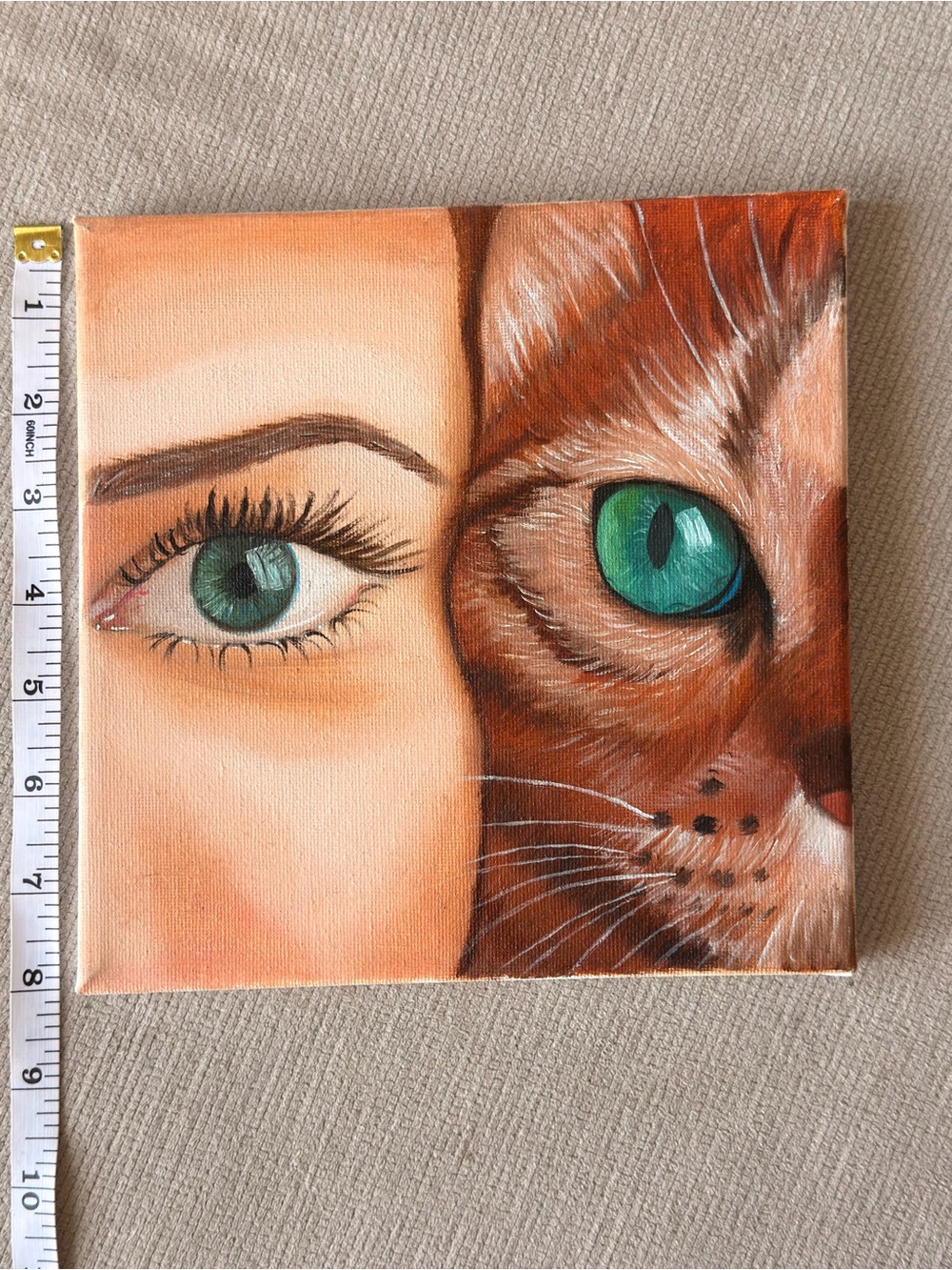 Eye-Catching Cat Art Canvas Print in Orange and Green - Unbranded